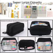 Large Capacity Pencil Case 4 Compartments, Portable Pencil Pouch Bag with Zipper and Handle, Stationery Organizer for School, College, Office, Teens, Adults, Boys and Girls, Black