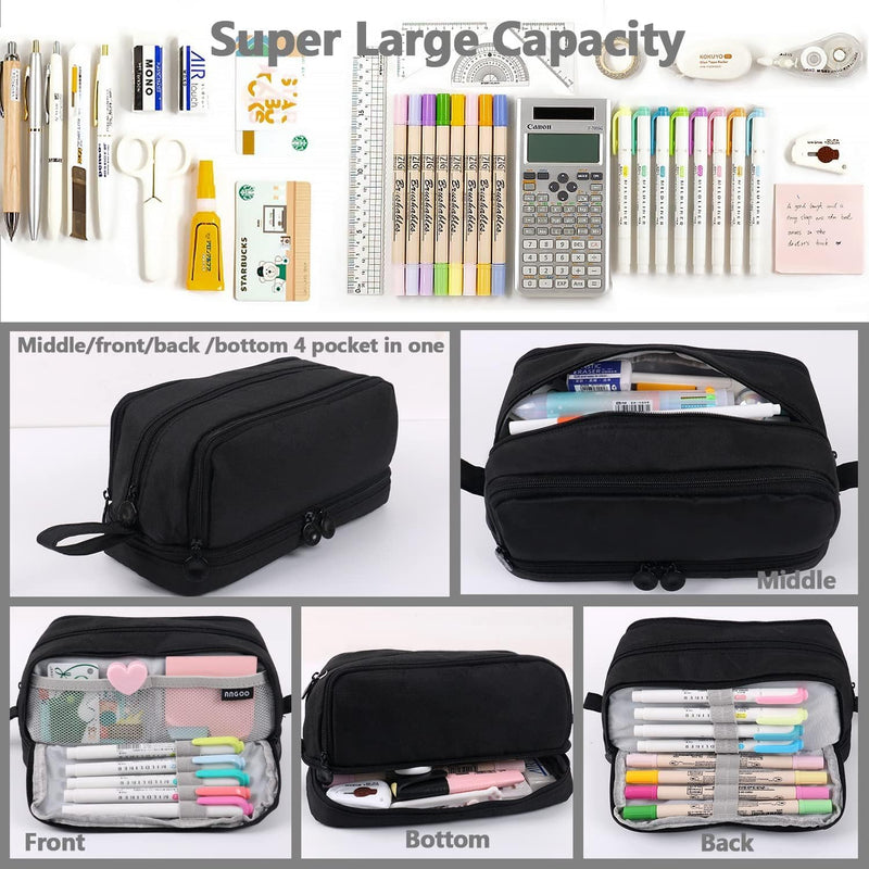 Large Capacity Pencil Case 4 Compartments, Portable Pencil Pouch Bag with Zipper and Handle, Stationery Organizer for School, College, Office, Teens, Adults, Boys and Girls, Black