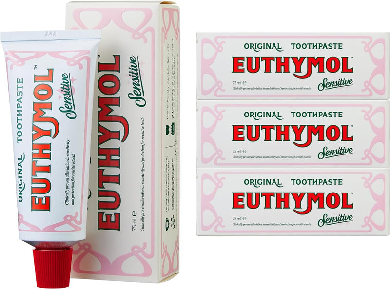 Euthymol Sensitive Toothpaste 75ml x 3, Fluoride Toothpaste for Sensitive Teeth, Plaque Removal, Caries Protection, Antibacterial, Gluten Free, Thymol & Menthol, Freshens Breath, Gentle Dental Care - 75 ml (3er Pack) Sensitve Toothpaste