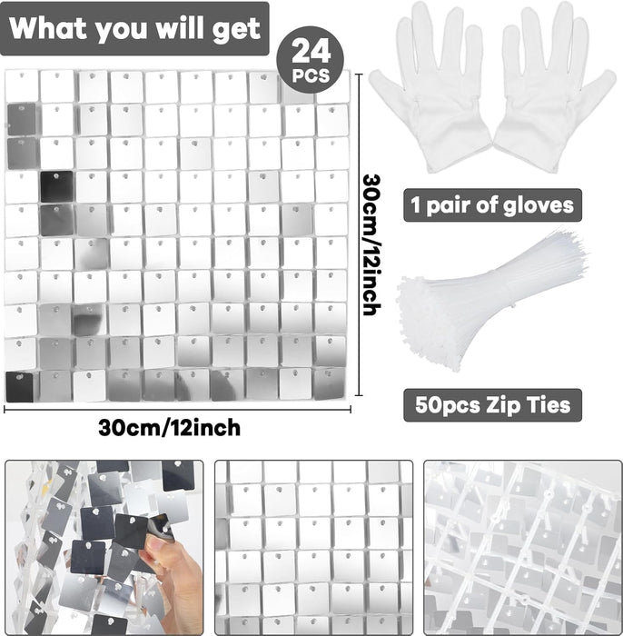 Naozinebi 24PCS Silver Shimmer Wall Backdrop Silver Sequins Backdrop Decoration Panels Photo Backdrops for Birthday Anniversary Wedding Engagement Decoration