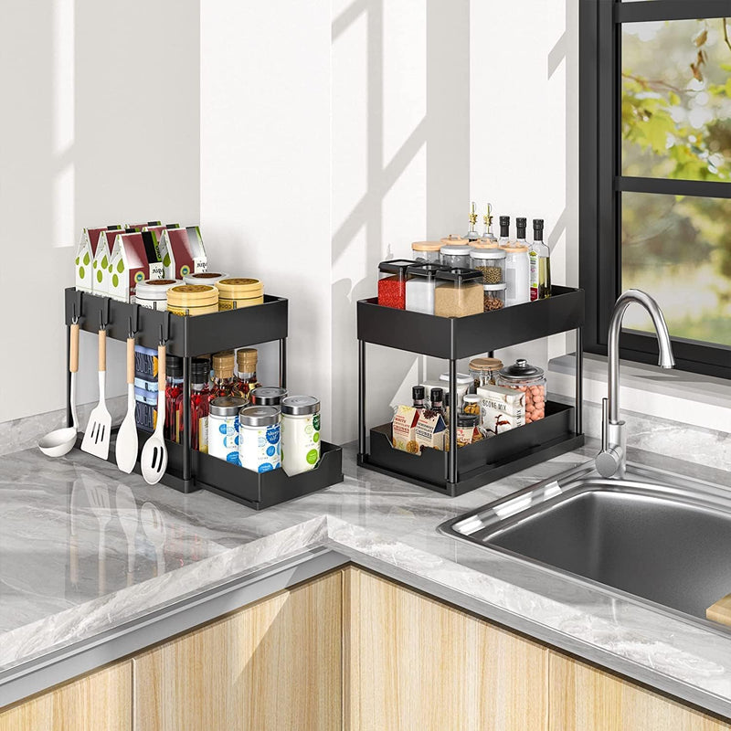 SKY-TOUCH 1pcs Under Sink Shelf Storage Organiser with Sliding Pull Out Drawer,Double Sliding Under Bathroom Cabinet Organization, Kitchen Storage with Hooks,15.6 8.6 13.2cm,Black