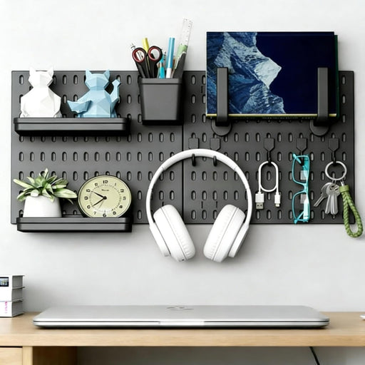 SKY-TOUCH Modular Pegboard Wall Organizer Kit - 2 Pegboards, 10 Accessories, No Drill Installation, Space-Saving Storage & Display for Kitchen, Office, Bathroom (Black)