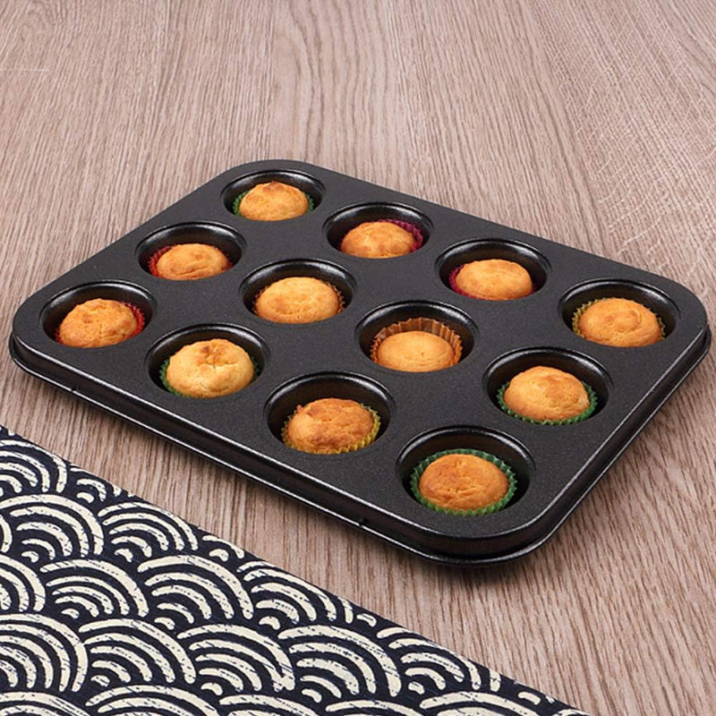 Showay Non-Stick Carbon Steel Muffin Pans - Pair Of Cupcake Cookie Sheet Pan Style For Baking, Muffin Pans W/ 12 Cups Cupcake Baking Tray (Black)