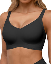 Womens Seamless Bras, Wireless Full Coverage Push Up Bras, Comfortable Support Bralette with V Neck - Black