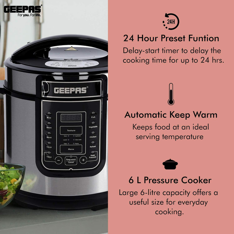 1000W 7-in-1 Electric Pressure Cooker, Steamer 6L Digital Multicooker Stainless Steel/Black 14 Cooking Modes, Automatic Keep Warm & 24 Hours Preset Function 2 Years Warranty
