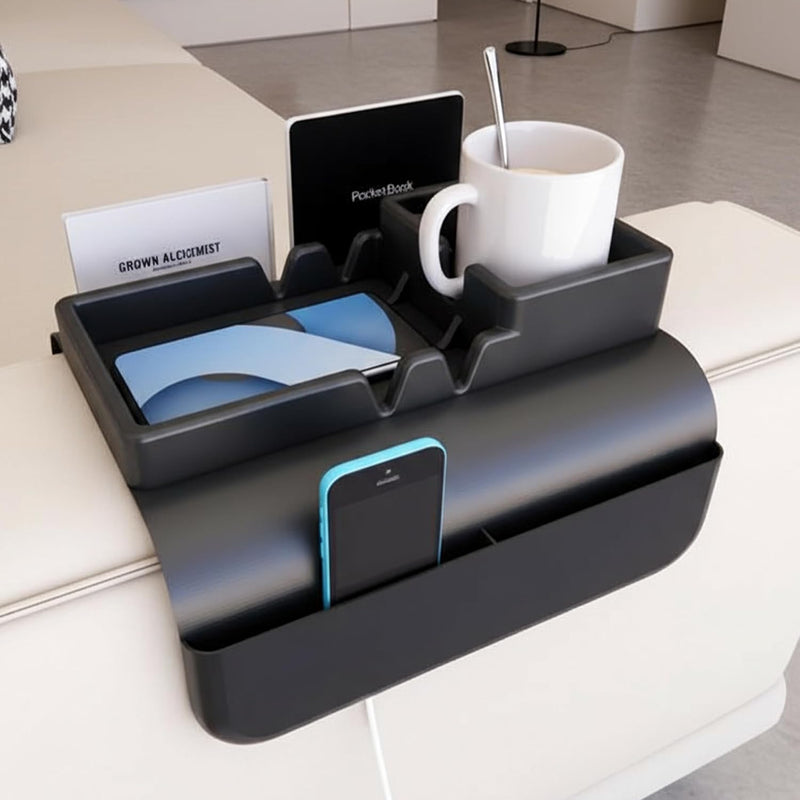 Silicone Sofa Armrest Tray with 5 Side Pockets Anti-Slip Recliner Armchair Caddy Organizer for Drinks, Remote, Tablet, Snacks, Phone Living Room Couch Storage Holder, Black