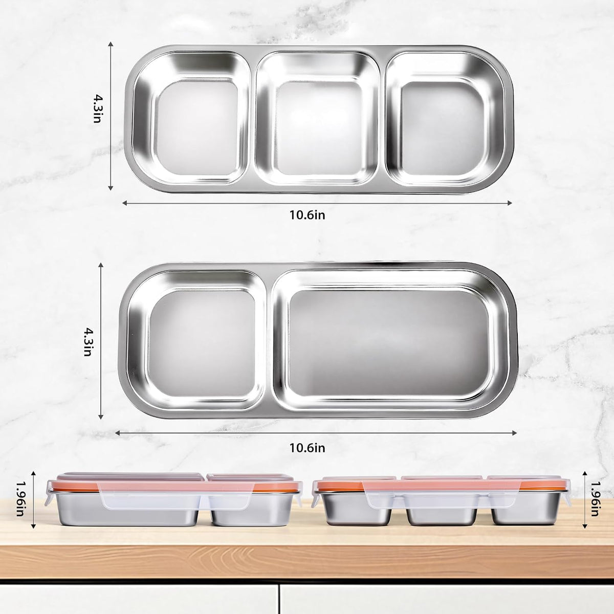 Stainless Steel Snackle Box Container, Orange, 2 Pack Bento Box for Kids & Adults, 2 Compartment and 3 Compartment, Leak-Proof, With Lids – image 2