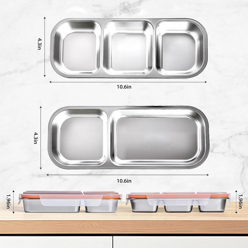 Stainless Steel Snackle Box Container, Orange, 2 Pack Bento Box for Kids & Adults, 2 Compartment and 3 Compartment, Leak-Proof, With Lids - Orange 2+3 Compartment