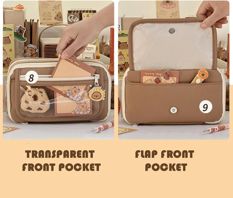 Cute Capybara Pencil Case, Capybara School Supplies, Clear Aesthetic Pencil Pouch with Cute Capybara Pins and Plush, Large Capacity Multi-layers Pen Case
