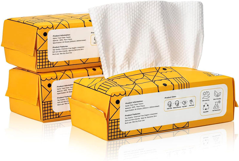 Bolivia's Disposable Face Towel, 3 Pack 60 Count Ultra Soft Makeup Remover Wipes for Sensitive Skin, Biodegradable Clean Towels, Wet Dry Face Cloths, Extra Thick Cotton Facial Tissue for Travel, Home