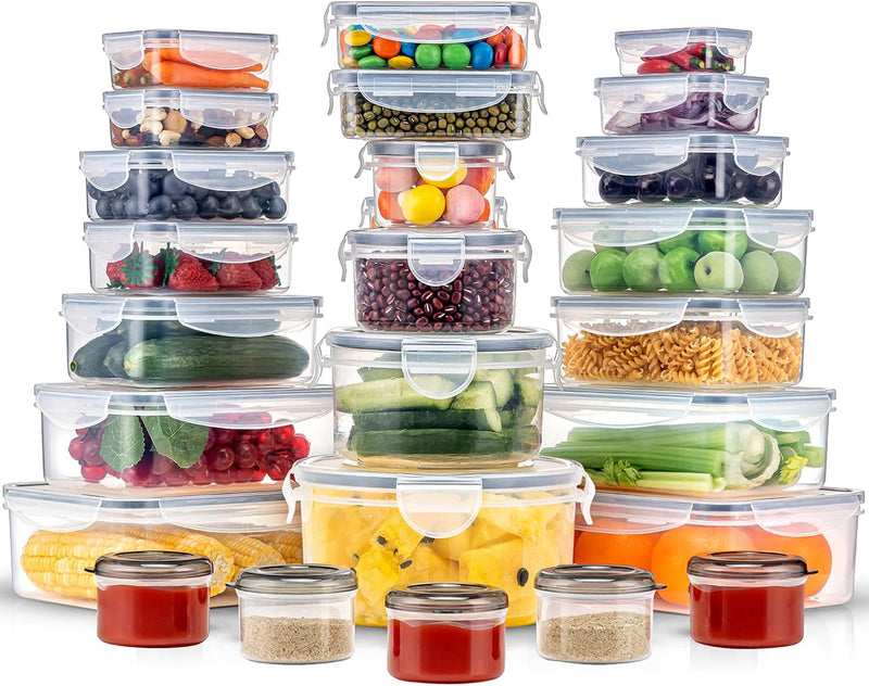 KUMD 10 Pack Fridge Organizers and Storage, Stackable Refrigerator Organizer Bins with Lids, BPA-Free Produce Fruit Storage Containers for Fridge Organizers, for Food, Drinks, Vegetable - 50 Pcs Food Storage Containers