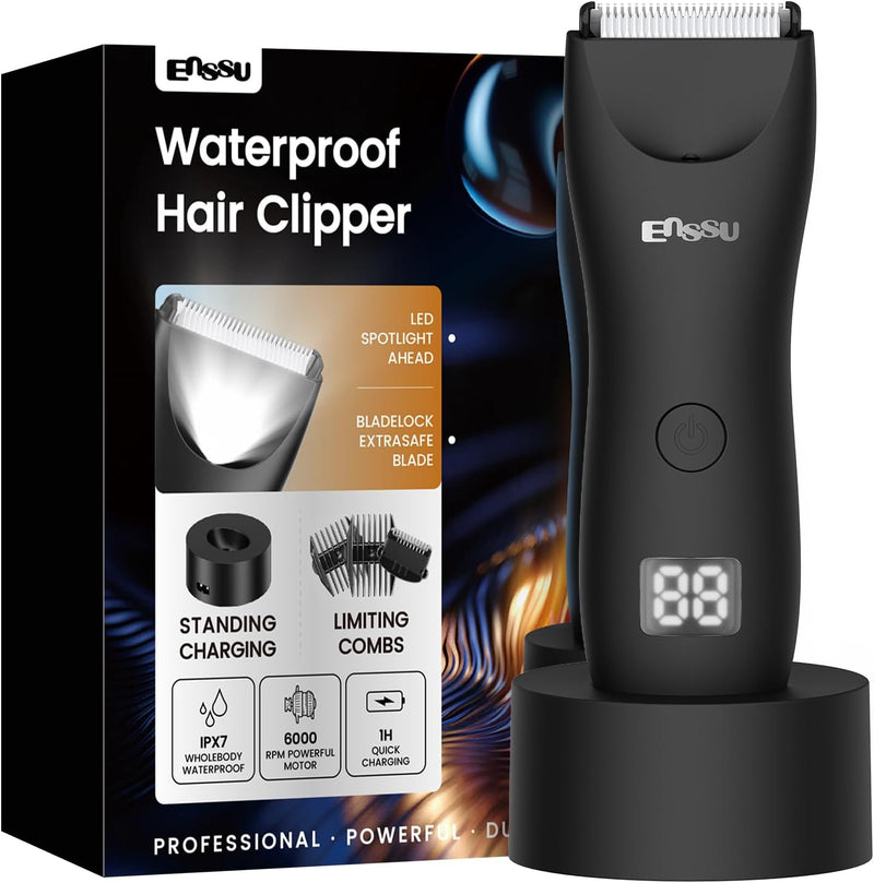 ENSSU Body Trimmer for Men, Electric Manscape Hair Trimmer, Waterproof Ball Trimmer for Chest, Beard, and Pubic Hair with LCD Display, Recharge Dock