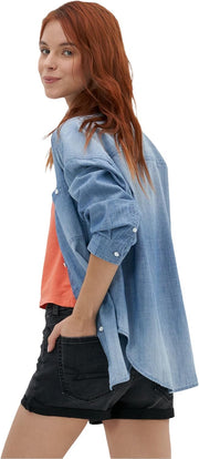 WOMENS AE Long-Sleeve Denim Button-Up Shirt Classic - BLUE