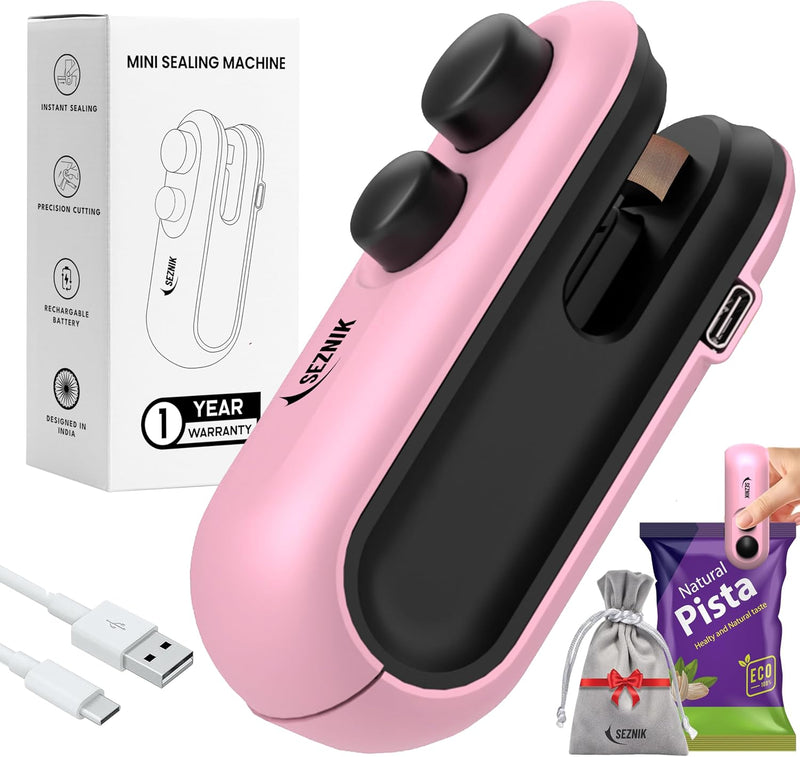 SEZNIK Portable Mini Sealing Machine, Handheld Packet Sealer For Food, Snacks, Chips, Fresh Storage, Plastic Bags Sealing Machine, (Dark Blue) - Pink
