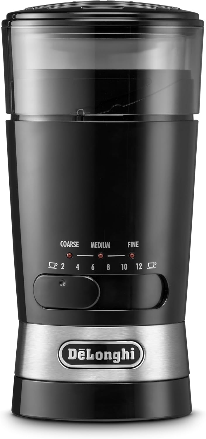 De'Longhi Electric Coffee & Spices Grinder Mill With Stainless Steel Blade , & 3 Grinding Level Settings , 12 Cups Capacity , KG210 , Black - Talla Ãnica Electric Coffee & Spices Grinder