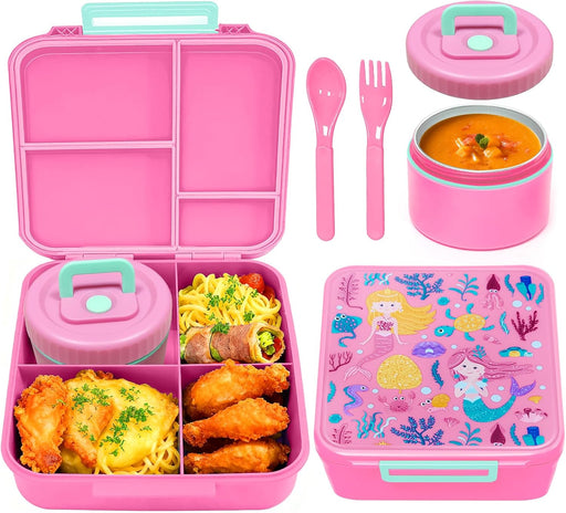 Bento Lunch Box, LunchBox 4 Compartments, Leak-Proof Lunch Container, PFAS&BPA-Free Microwave Safe, BLYPHOO Bento Box with Soup Bowl(Pink)