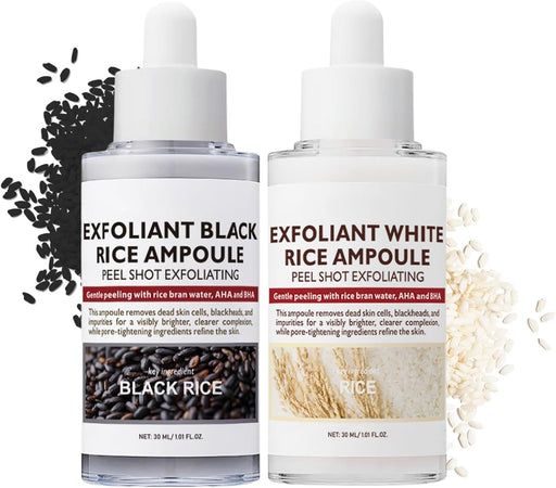 2Pcs Peel Shot Glow Rice Ampoule Duo White + Black - Face Exfoliator Soft Exfoliating And Body Scrub Pore Minimizer Serum Blackheads Remover For All Skin Types