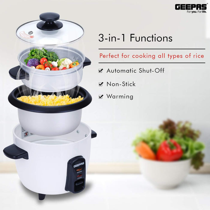Geepas 1.5L Rice Cooker/Steamer with Non-Stick Cooking Pot | 500W | Automatic Cooking, Steam Vent Lid & Simple One Touch Operation |Make Rice, Steam Healthy Food & Vegetables | 2 Year Warranty
