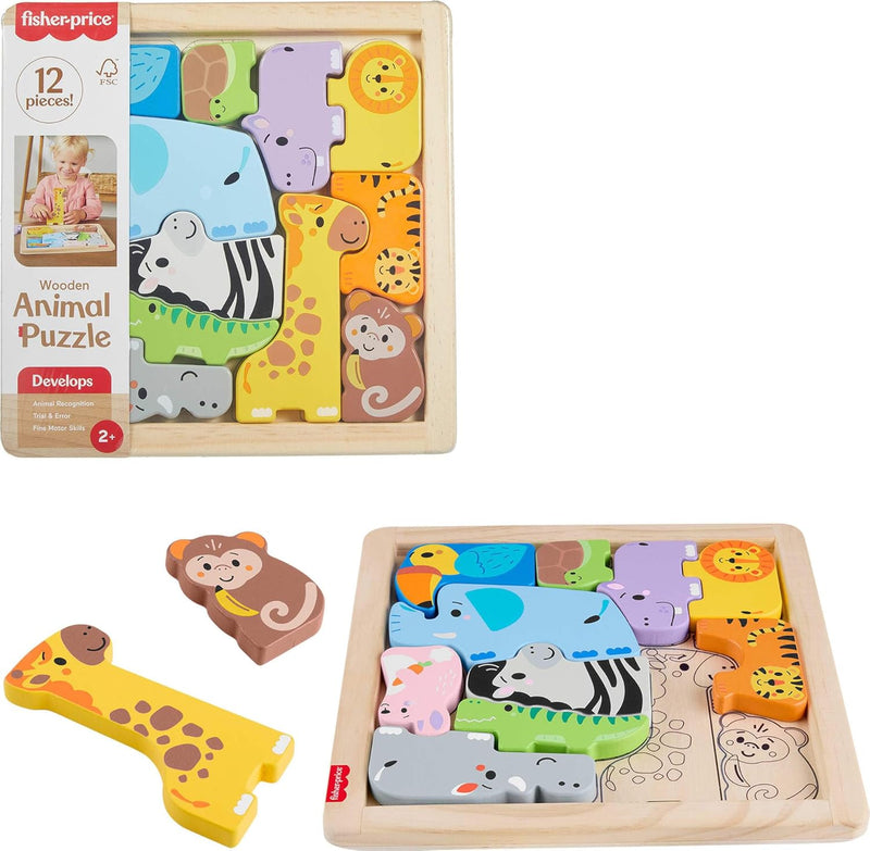 Fisher-Price Baby & Toddler Toy Wooden Stack & Sort Animals, 10 Wood Pieces for Developmental Play Ages 1+ Years - Wooden - Animal Puzzle