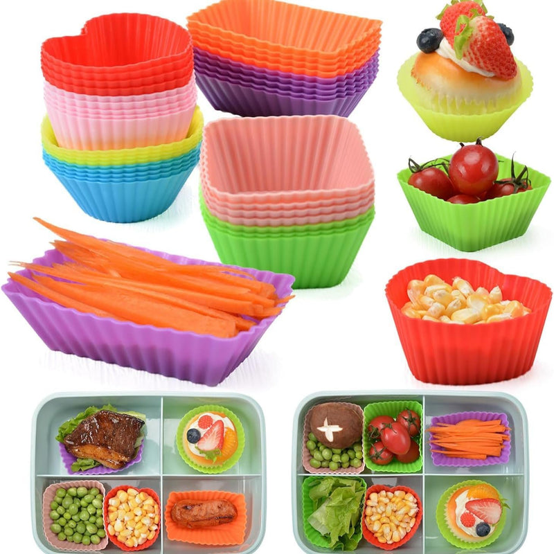40 Pcs Durable Thick Reusable Silicone Cupcake Liner Set Non-Stick Muffin Cups in Square, Heart, Rectangle and Circle Shapes,Bento Lunch Box Accessories