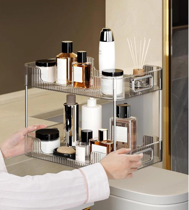 U-HOOME Bathroom Organizer Countertop, Clear Makeup Desk Organzier for Dressing Table, Bathroom Vanity Countertop, 2-Tier Vanity Tray Shelf for Cosmetic, Lotions, Perfume and Toiletries (Clear)