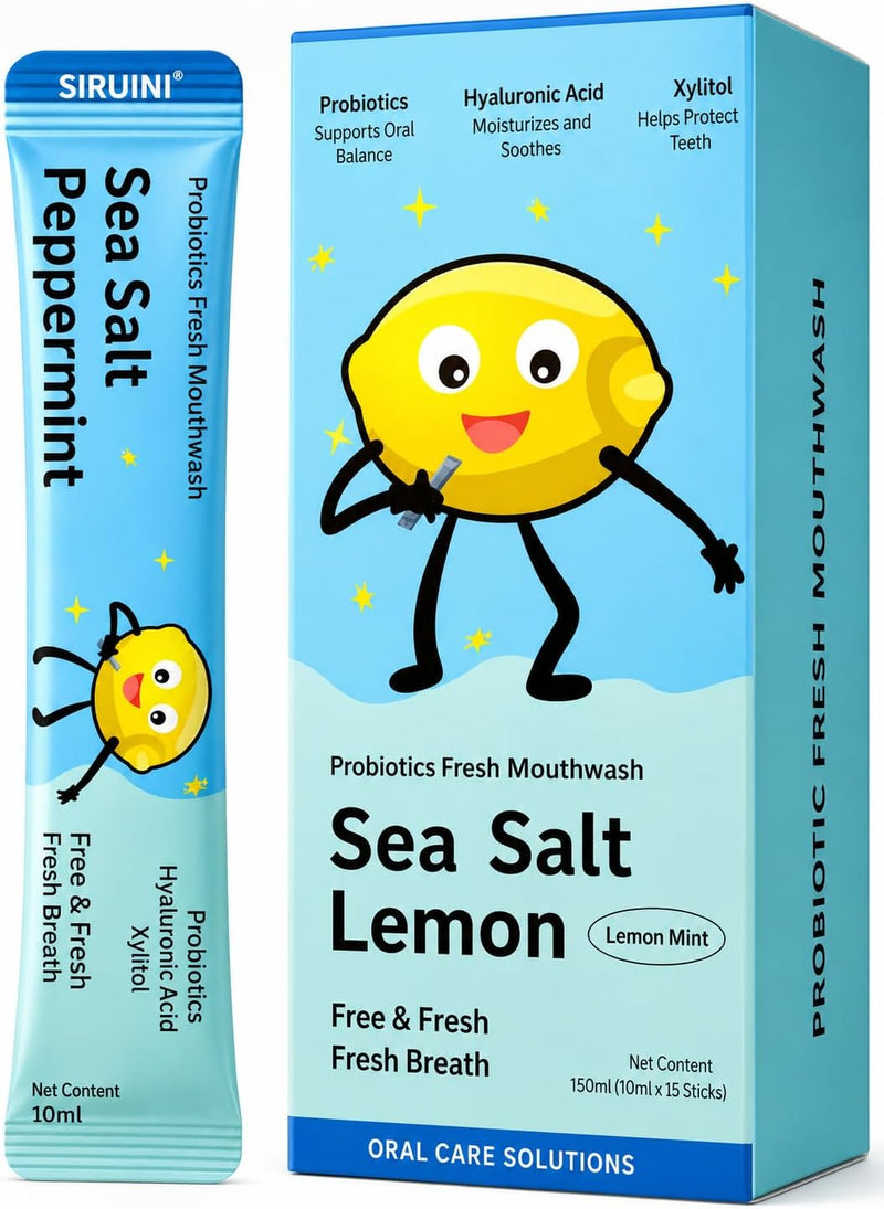 Flavored Travel Mouthwash Packets with Probiotics Portable Disposable Breath Freshener Individual Single-Use Sachets for Fresh Breath 15 pcs (Sea Salt Lemon) - Sea Salt Lemon