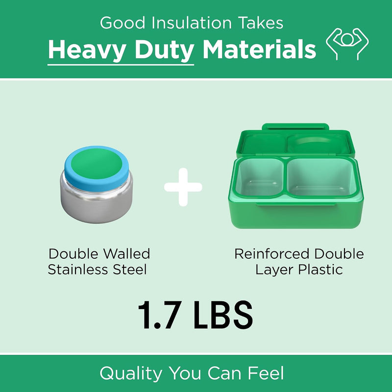 OmieBox UP bento Box for Kids Insulated Lunch Box Leak Proof Vacuum Insulated Thermal Food jar Cooler ice Pack 2 Compartments (Jade Green)