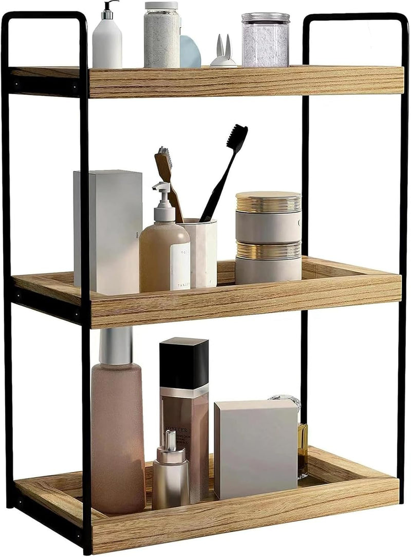 U-HOOME 3 Tier Bathroom Countertop Organizer,Wood Bathroom Vanity Organizer Shelf Storage,Bathroom Trays for Counter,Perfume Skincare Organizer Cosmetic Holder Kitchen Spice Rack (3 TIER)
