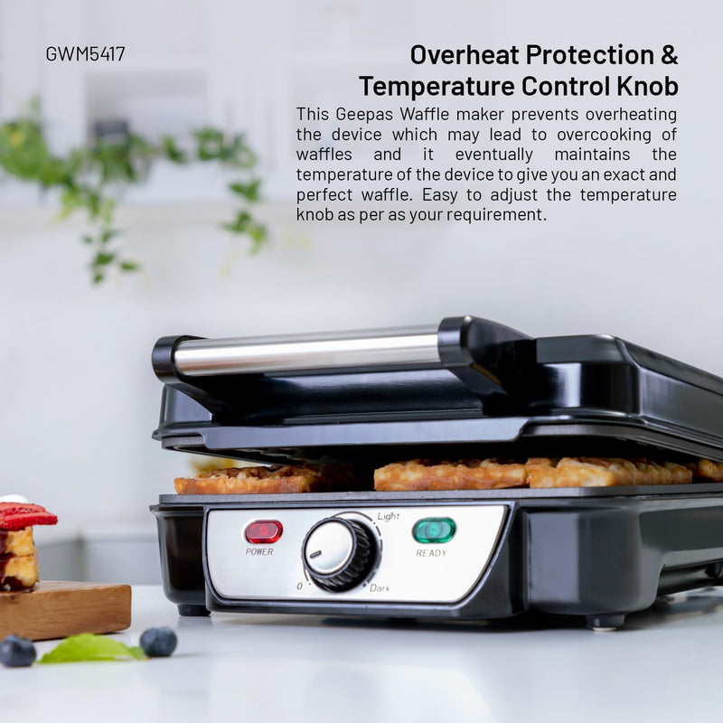 Geepas GWM5417 Electric Waffle Maker 1100W- 4 Slice Non-Stick Electric Belgian Waffle Maker with Adjustable Temperature Control
