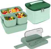 Bento Lunch Box 1800ML, Leak-Proof With 4 Compartments, Stackable Lunch Bento Box with Bag for Kids and Adults, Snack Container with Cutlery for School, Kindergarten, Office - Green, Camping, Travel