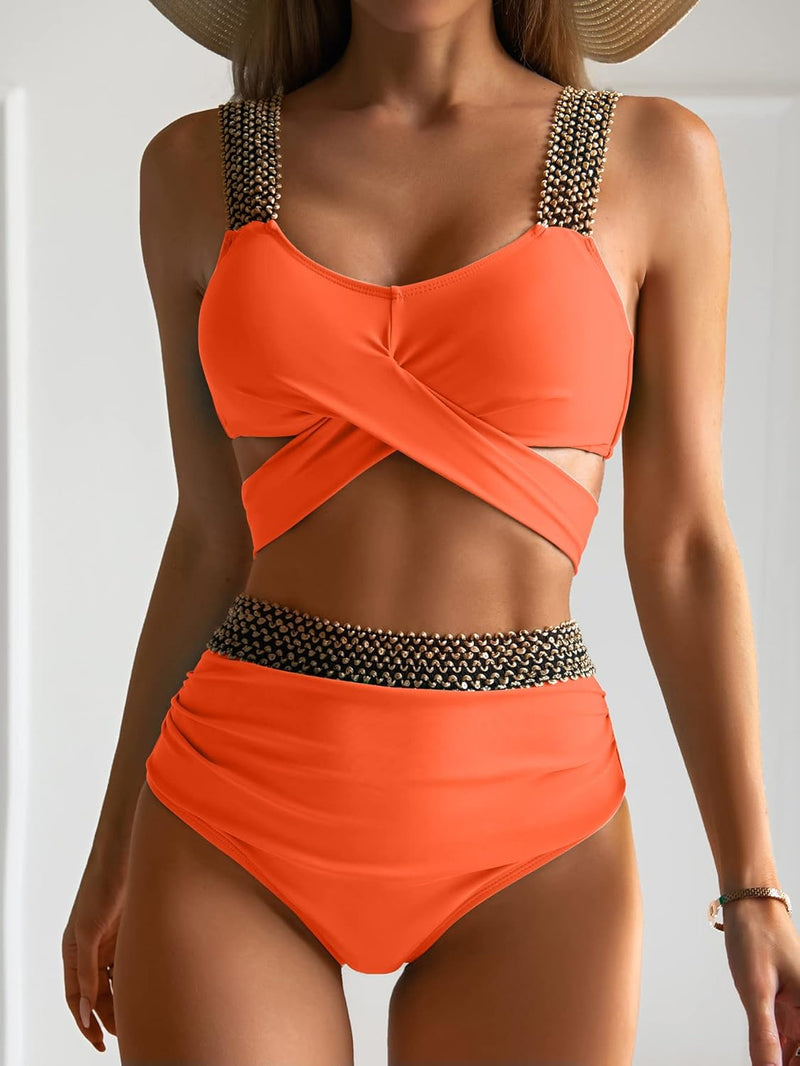 Eomenie Women Two Piece Cross Wrap Bathing Suit Tie Back, Tummy Control Swimsuit 2 Piece High Waist Curvy Bikini Swimwear