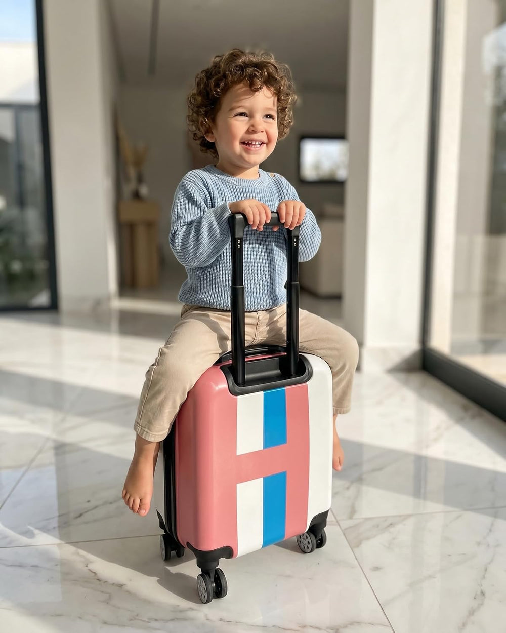 Kids Stripe Printed ABS Lightweight 17 Inch (7kg) Cabin Size Luggage, 8 Wheels, Combination Lock Suitcase (Blue)