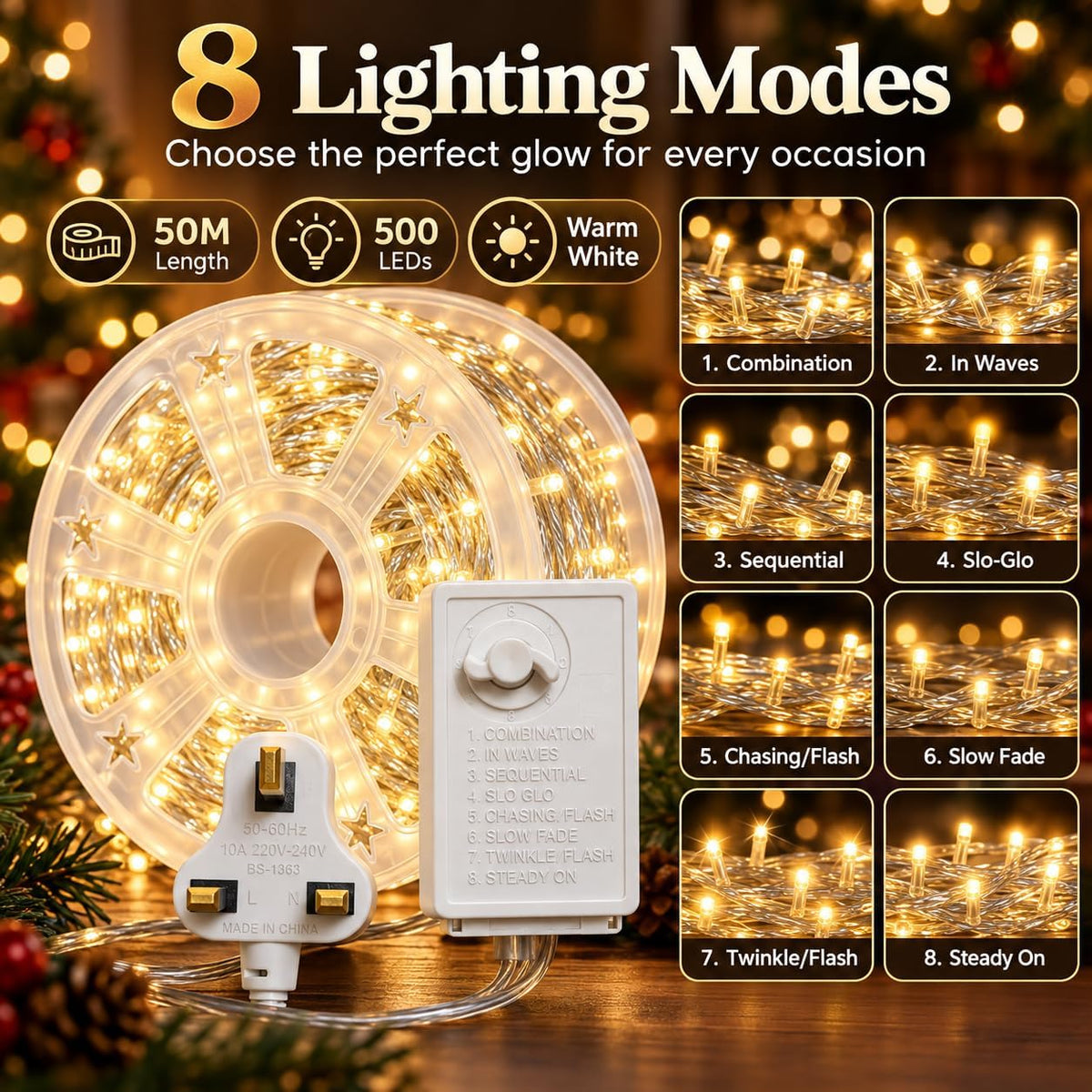 Christmas Lights,50M 500 LED Christmas Tree Lights, Warm White String Lights, 8 Lighting Modes, Christmas Decorations for Bedroom, Gardens, Balcony, Wedding and Party,Diwali, – image 6