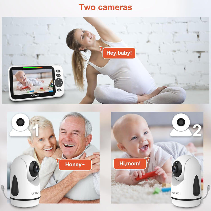 OKAIDI Video Baby Monitor with Camera and Audio, 5" Display Baby Monitor No WiFi, 30H Battery and 1000ft Range Baby Monitor, Remote Pan-Tilt-Zoom Baby Camera, Night Vision, 2-Way Talk, VOX,Temperature