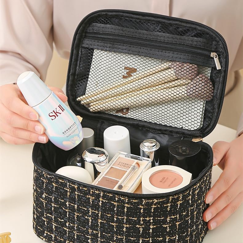 ZABEES Travel Makeup Bag,Large Capacity Cosmetic Bags,Waterproof Portable Pouch Open Flat Toiletry Bag Make up Organizer with Divider and Handle Bag for Women and Girls (Bright white check)