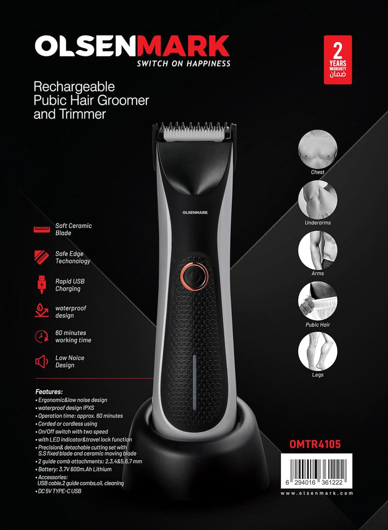 Olsenmark Hair Groomer and Trimmer- OMTR4105, Li-ion Battery and 60 min Working Time, Quick USB Charge, Detachable Blades and Waterproof, LED Indicator
