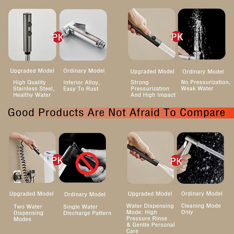 DEKII Stainless Steels Shattaf Set - Handheld Shower Sprayer with 2m Premium Hose and Wall Base, Bidet Spray Bottom Cleaner Spray for Bathroom Washroom (2 modes)