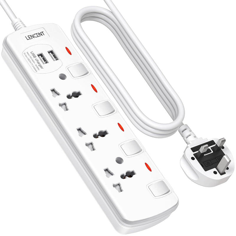 LENCENT Extension Lead with USB Slots, 3 Way Sockets Outlet Power Strips with 2 USB Ports, Universal Plug Adapter with 2M Extension Cord, Charging Station for Home, Office, Individually Switched