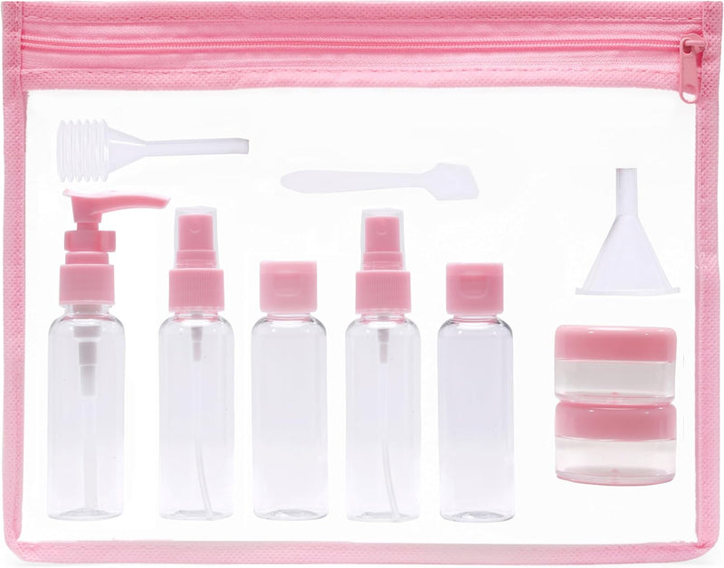 INOVERA (LABEL) 10 Pcs Travel Toiletrie Bottles Kit - Refillable Spray Bottle Containers Pouch for Shampoo, Body Lotion, Cream - Travelling Toiletries Container Set (Pink)