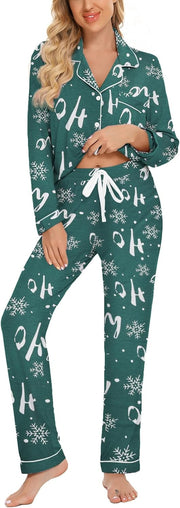 Button Up Pajama Set For Women Long Sleeve Shirt And Pajama Pants Soft Pjs Lounge Sets - Green Snow