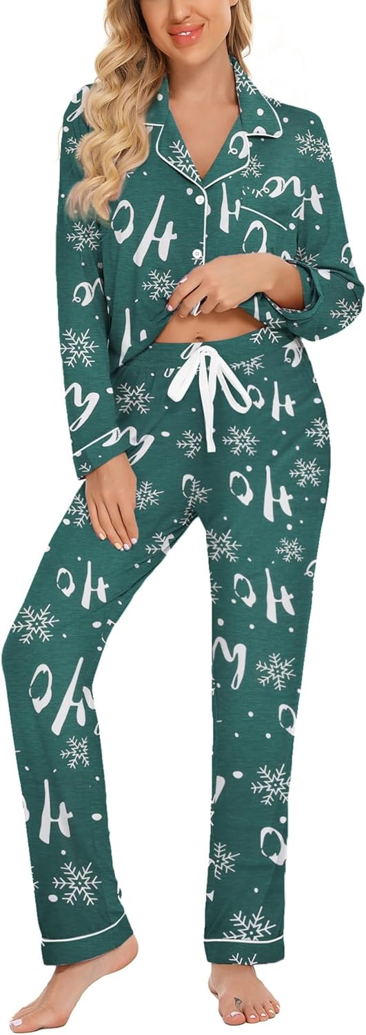 Button Up Pajama Set For Women Long Sleeve Shirt And Pajama Pants Soft Pjs Lounge Sets - Green Snow