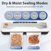 KASTWAVE Automatic Food Vacuum Sealer, Vacuum Sealer Machine 5 Modes with 5 Sealer Bags and Built-in Cutter, Compact One-Touch Food Sealer Vac Pack Machine for Sous Vide & Dry Moist Foods, White