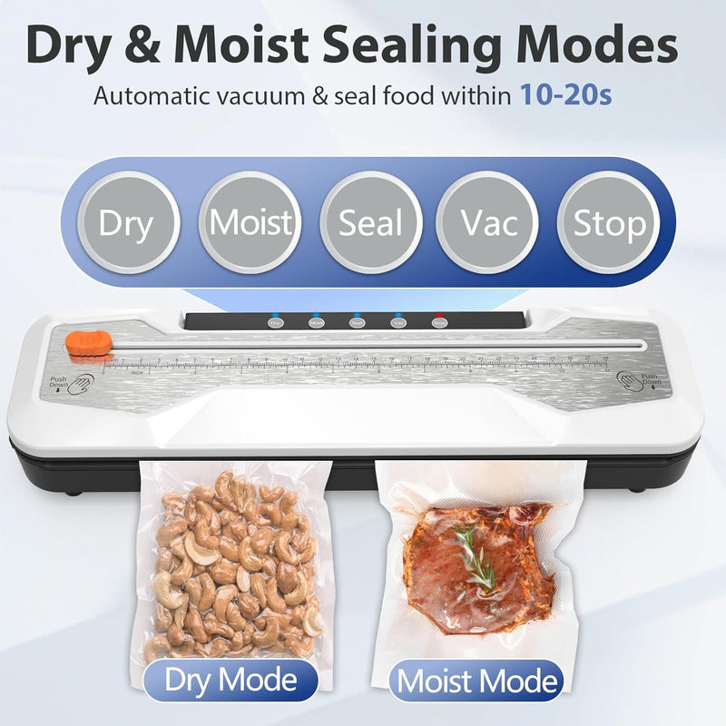 KASTWAVE Automatic Food Vacuum Sealer, Vacuum Sealer Machine 5 Modes with 5 Sealer Bags and Built-in Cutter, Compact One-Touch Food Sealer Vac Pack Machine for Sous Vide & Dry Moist Foods, White