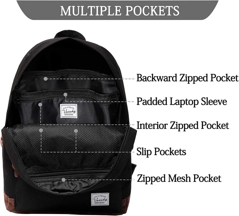 VASCHY Men's Backpack, Women's Waterproof School Bag, Boy Girl Computer 15.6 Inch Vintage for School, College, Work, Travel, Leisure