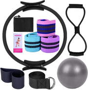 Pilates Ring Circle Set - Workout at Home Workout Equipment Women - Booty Bands Stretching Equipment Pilates Mini 25cm Exercise Ball Resistance Band for Legs Arms and Thighs - Black