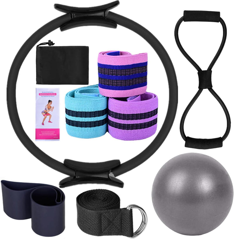 Pilates Ring Circle Set - Workout at Home Workout Equipment Women - Booty Bands Stretching Equipment Pilates Mini 25cm Exercise Ball Resistance Band for Legs Arms and Thighs - Black