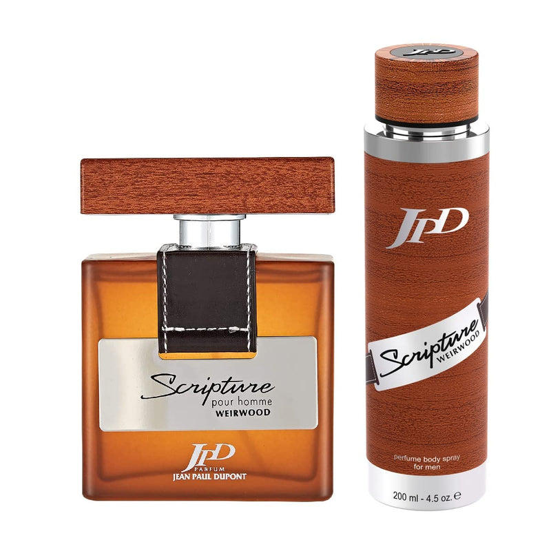 Jean Paul Dupont (JPD) Scripture Weirwood - 2 Pieces Promo Pack for Men - Eau de Toilette 100ml + Body Spray 200ml - Gift for Him - Perfume Gift Set - Oriental, Floral and Woody notes