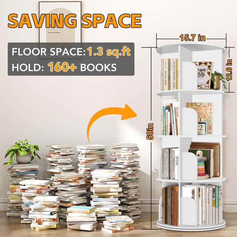 4 Tier Rotating Bookshelf Tower, Spinning Bookshelf, Revolving 360 Bookcase Storage Round Carousel, Vertical Rotate Turning Spiral Corner Organizer, White