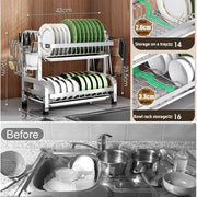 2-Tier Stainless Steel Dish Drying Rack for Kitchen Counter Over Sink Dish Drainer Rack with Cutlery Holder Removable Drip Tray(Medium Size)