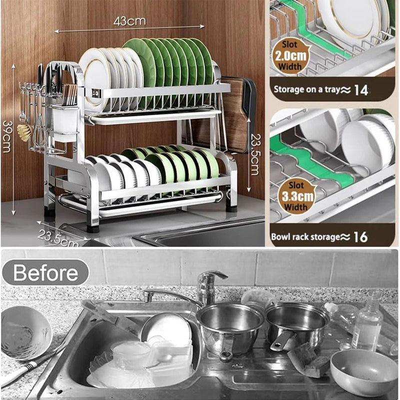 2-Tier Stainless Steel Dish Drying Rack for Kitchen Counter Over Sink Dish Drainer Rack with Cutlery Holder Removable Drip Tray(Medium Size)